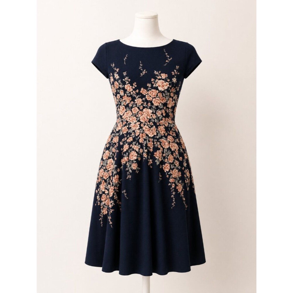 Teeze Me Fit & Flare Dress Size 3/4 Navy and Floral Print EUC